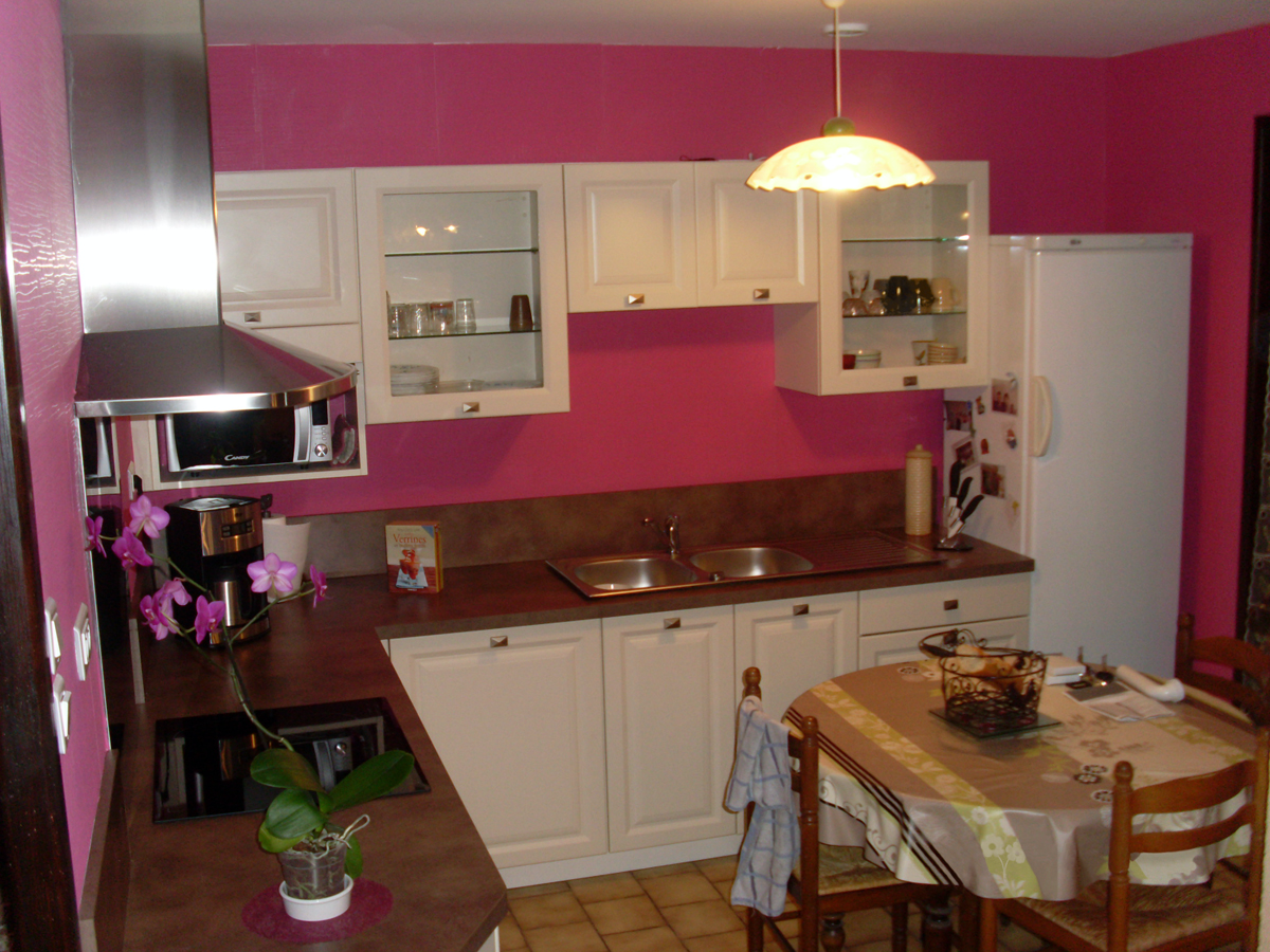 Cuisine en L avec façades coloris zinc beige